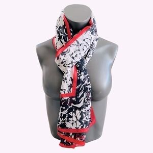 CALVIN KLEIN Black White Red Floral Abstract Print Chiffon Scarf Neckerchief
